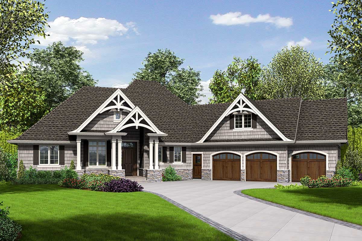 House plan exterior. Craftsman style with gabled roof, prominent front entry with pillars, and multi-car garage with arched doors.