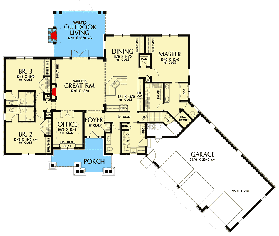 Plan 69678AM: Three Bedroom Craftsman Home Plan with Expanded Garage - Floor Plan - Main Level - Craftsman, Northwest, Shingle