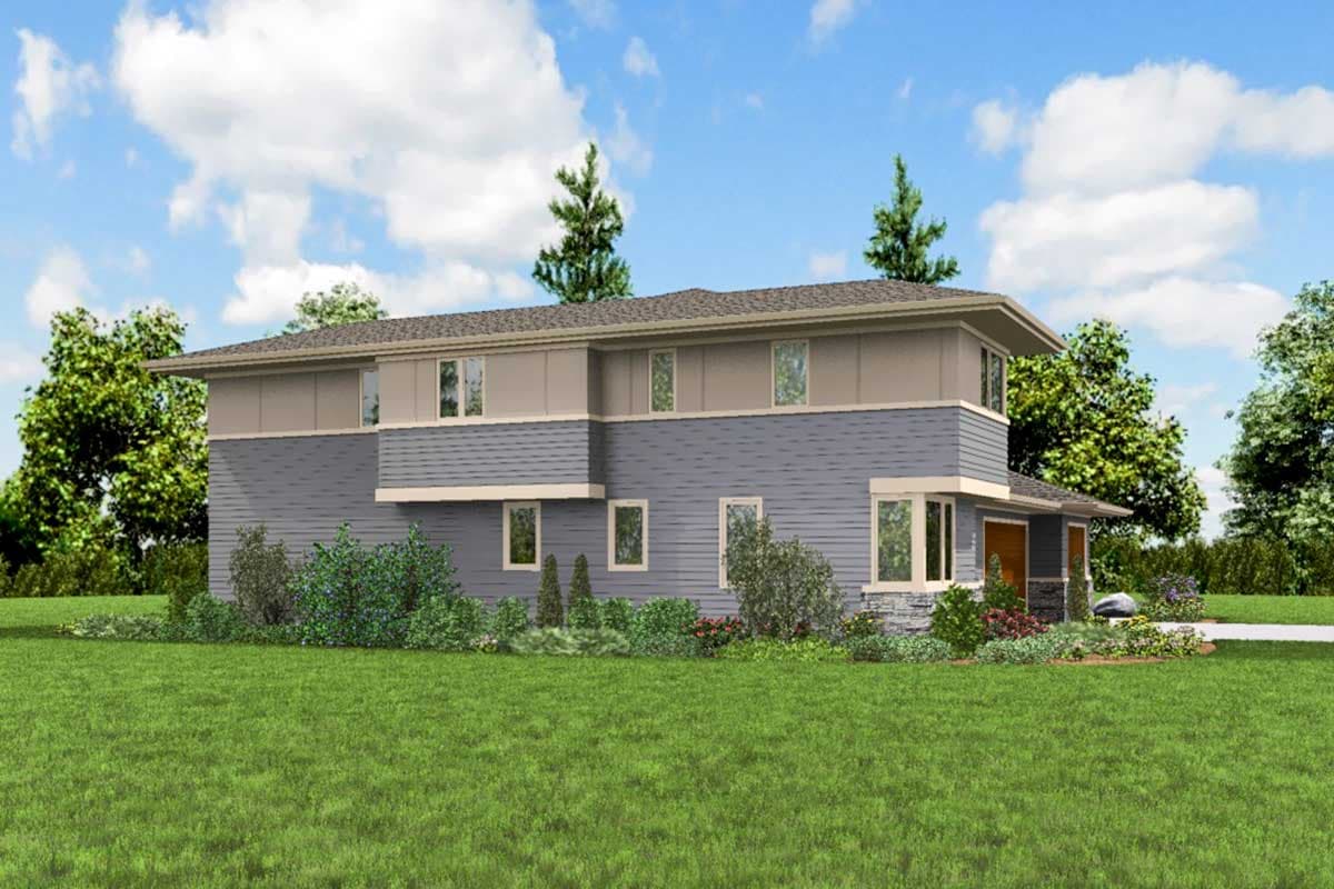 Two-story house plan exterior with a hip roof, horizontal siding, stone accents, a covered entry, and a two-car garage.