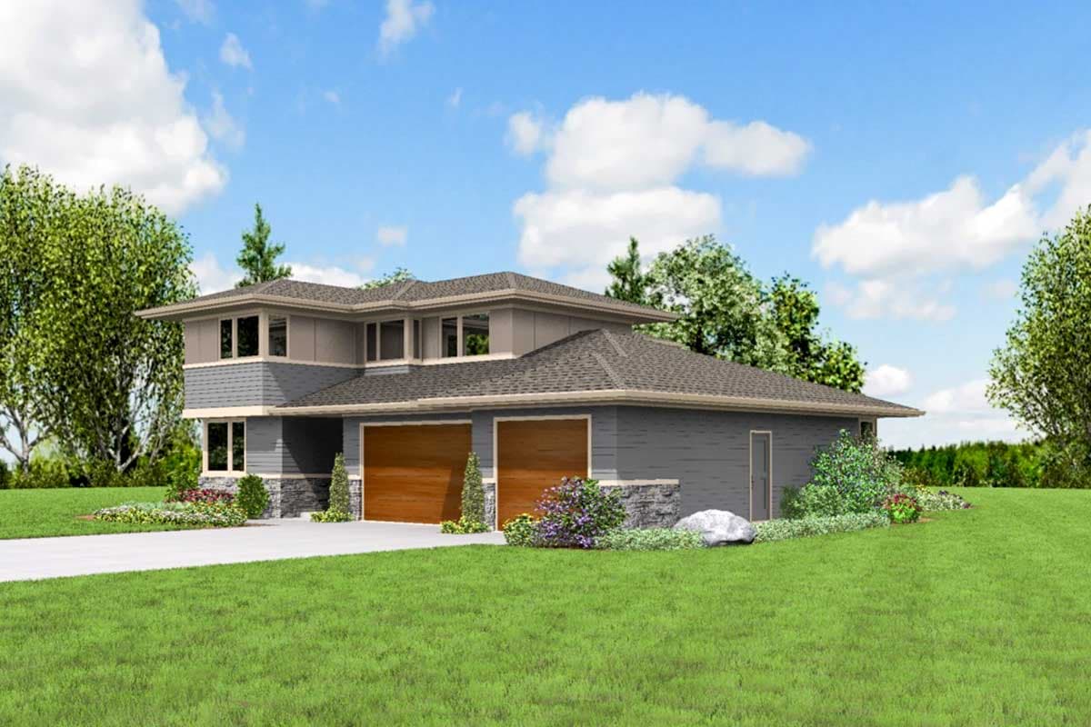 House plan exterior of a two-story modern home with a three-car garage, stacked stone accents, and a hip roof.