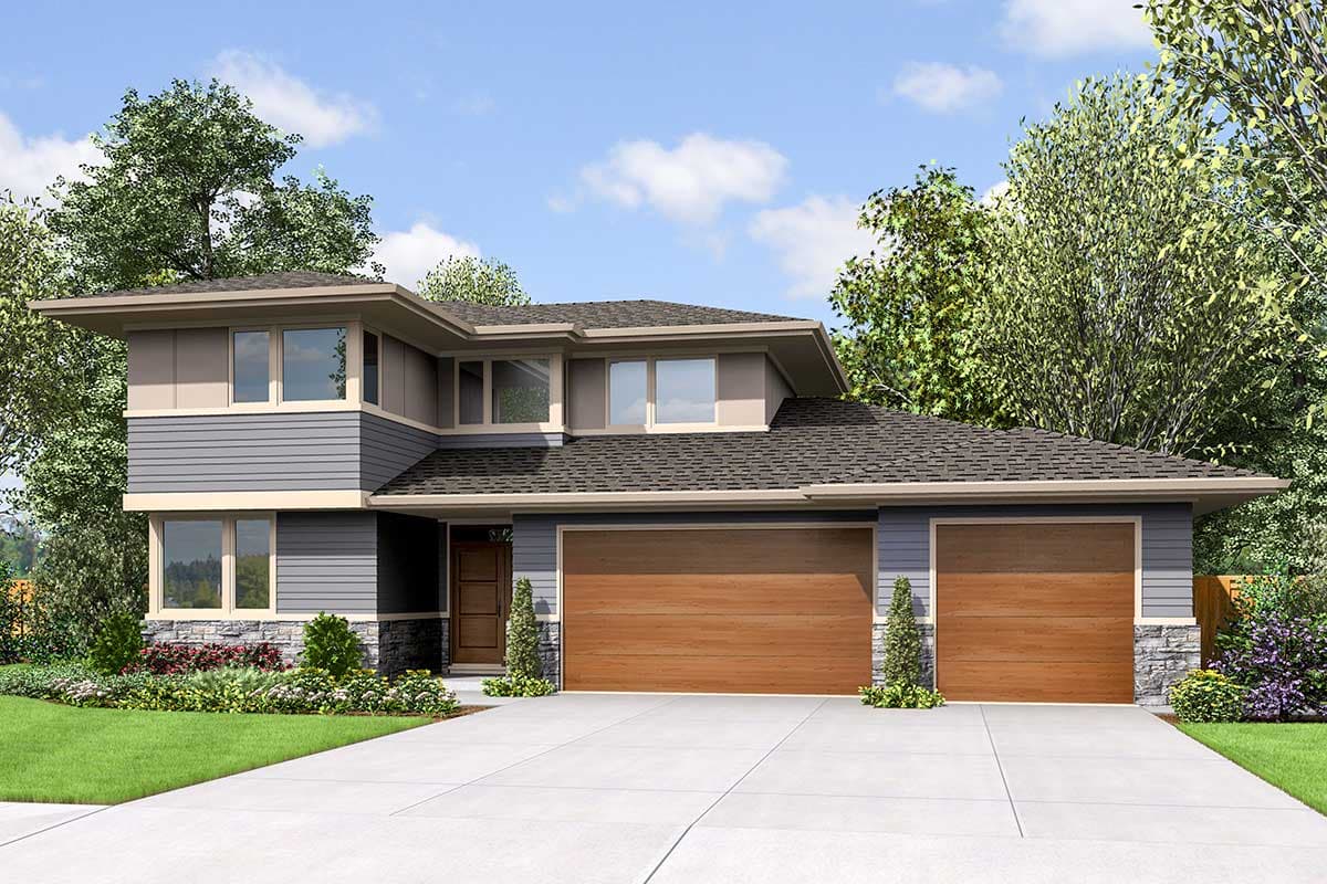 House plan exterior with two stories, flat roof, and two-car garage. Stone veneer at the foundation and window trim.