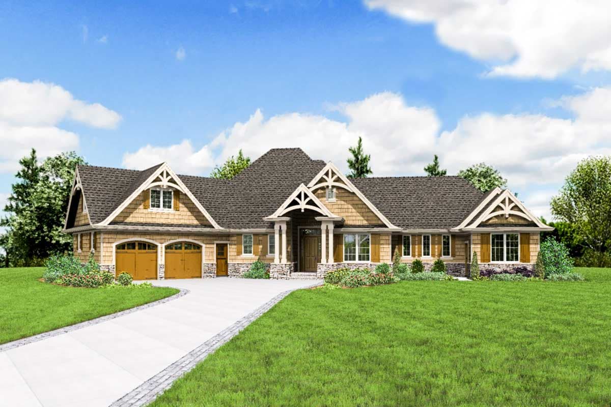 Craftsman style house plan exterior featuring a prominent gable, twin garage doors, and a covered entry with stone accents.