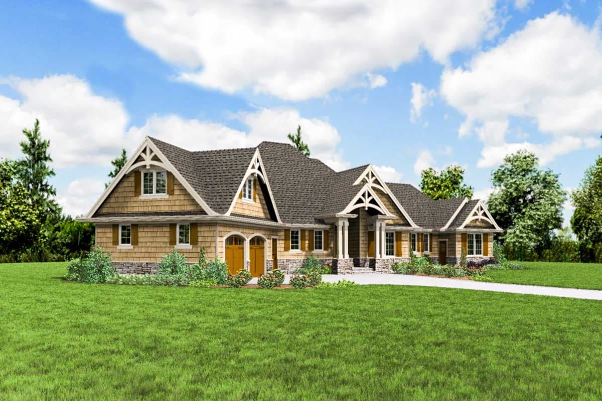 House plan exterior: Single-story home with a prominent gabled roofline, side-facing garage doors, and stone foundation.