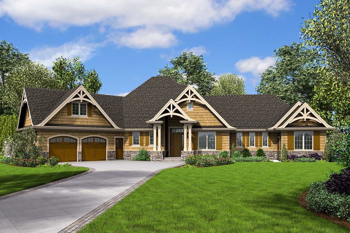 House plan exterior. Craftsman style, single-story home with gables, a covered entry, and a side-entry garage. Features a cedar shake roof.