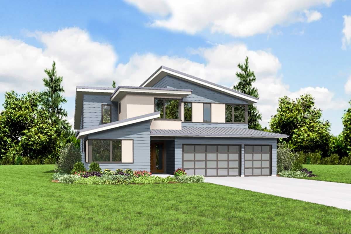 Modern house plan exterior, two stories, angled rooflines, cantilevered second story, and a three-car garage.