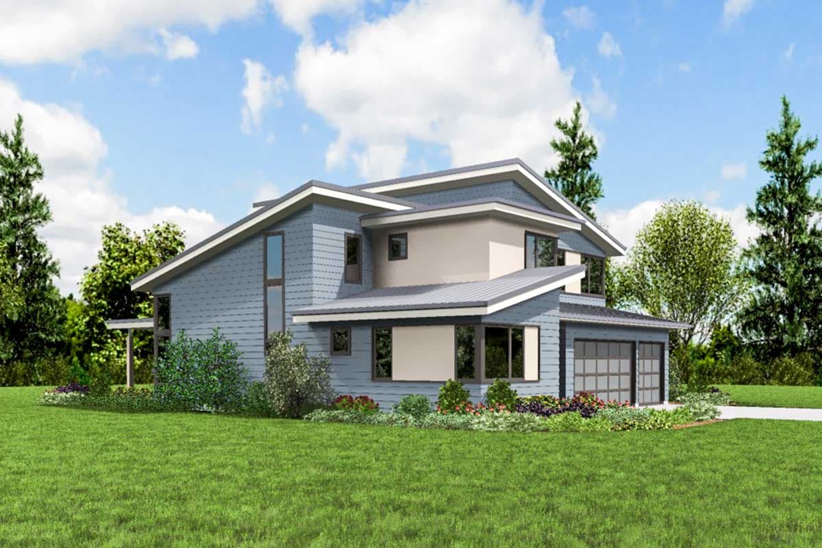 House plan exterior of a two-story contemporary home with a metal roof, multiple gables, and a two-car garage.