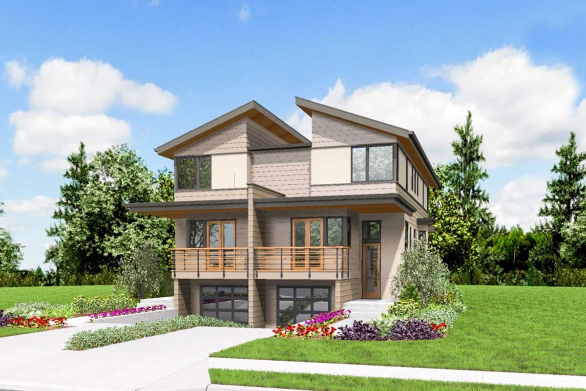 House plan exterior of a modern duplex with asymmetrical gables, covered balconies, and two-car garages.