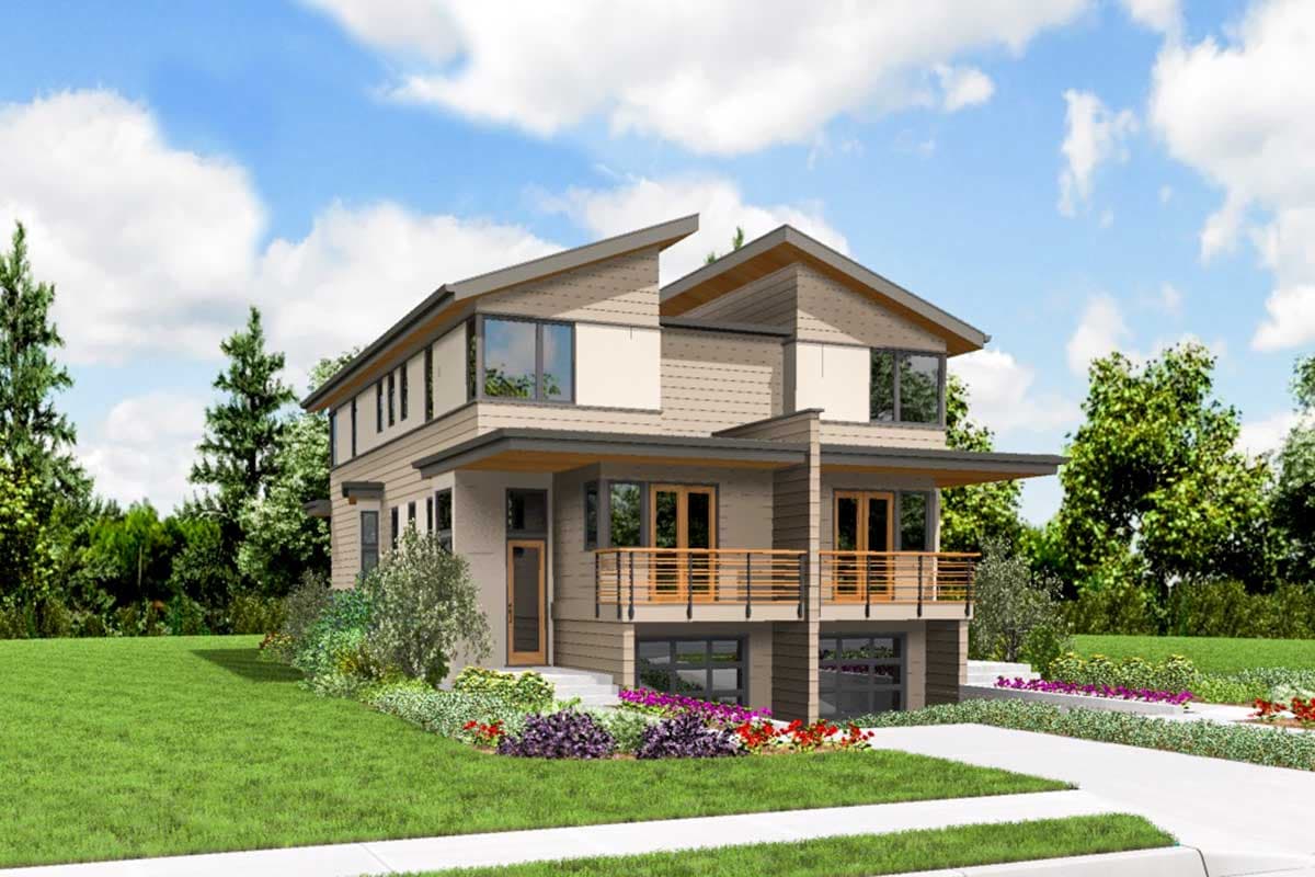 Modern house plan exterior: two stories, angled rooflines, balconies on second level, and attached garages.