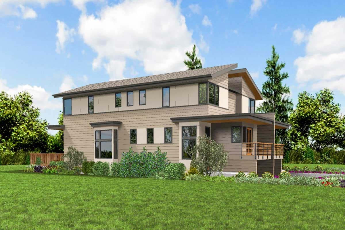House plan exterior of a two-story modern home with a covered porch, layered rooflines, and numerous windows.