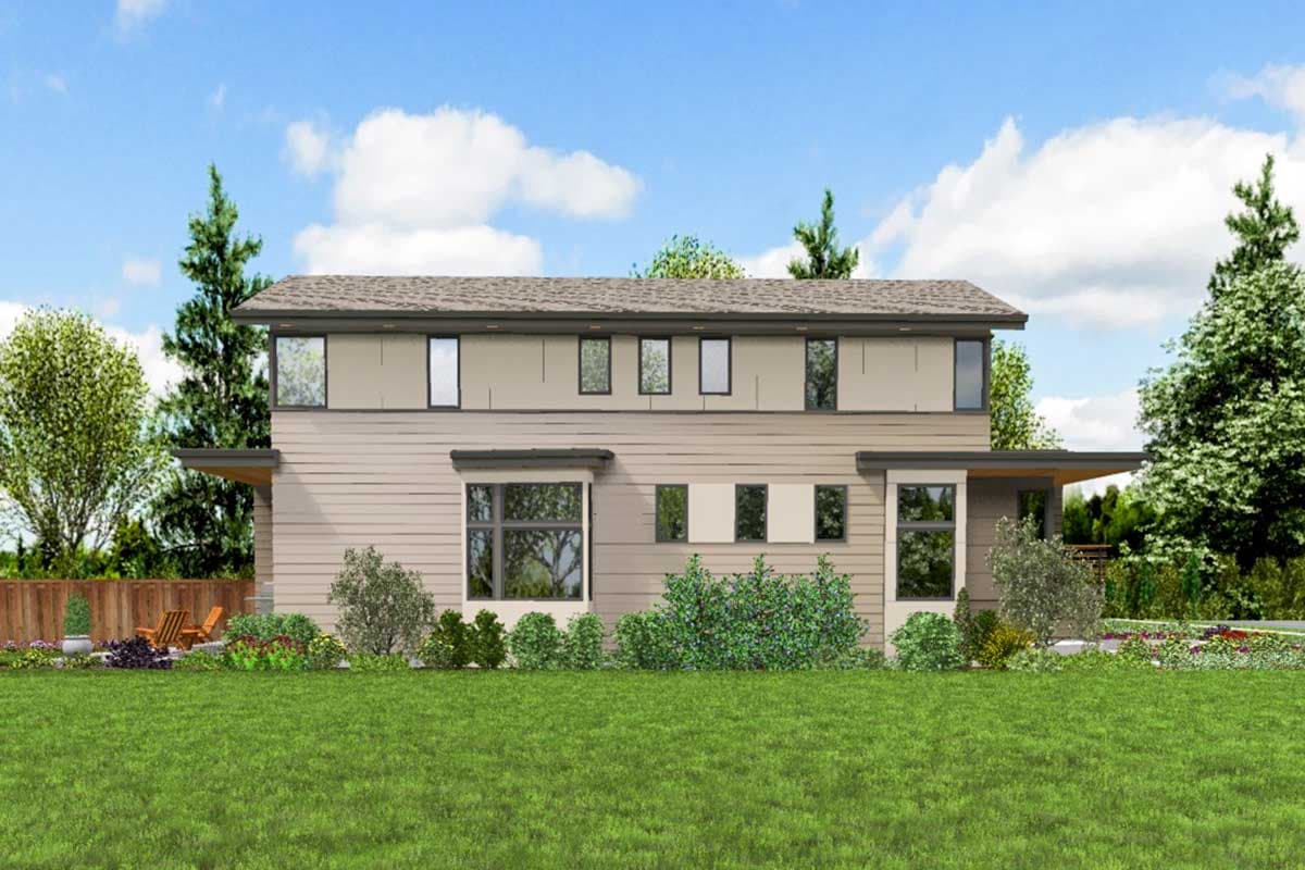 Modern two-story house plan exterior with horizontal siding, flat rooflines, and large windows.
