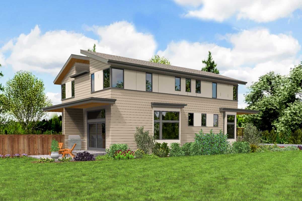 Modern two-story house plan exterior with a sloped roofline, horizontal siding, and large windows.