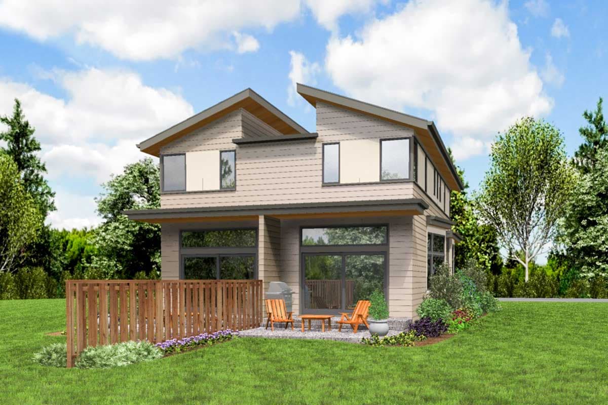 Modern house plan exterior with asymmetrical gables, horizontal siding, and large ground-floor windows.