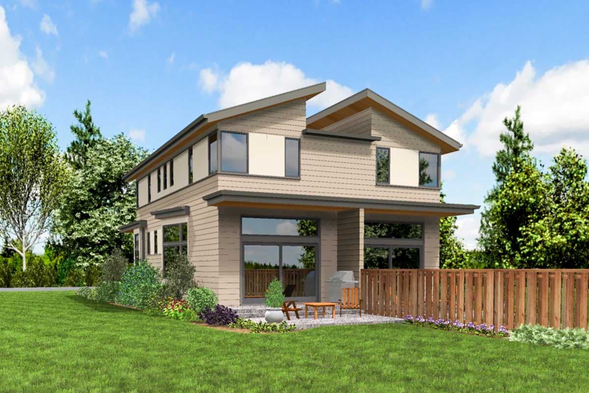 House plan exterior: Modern two-story residence with angled rooflines, horizontal siding, and large ground-floor windows.