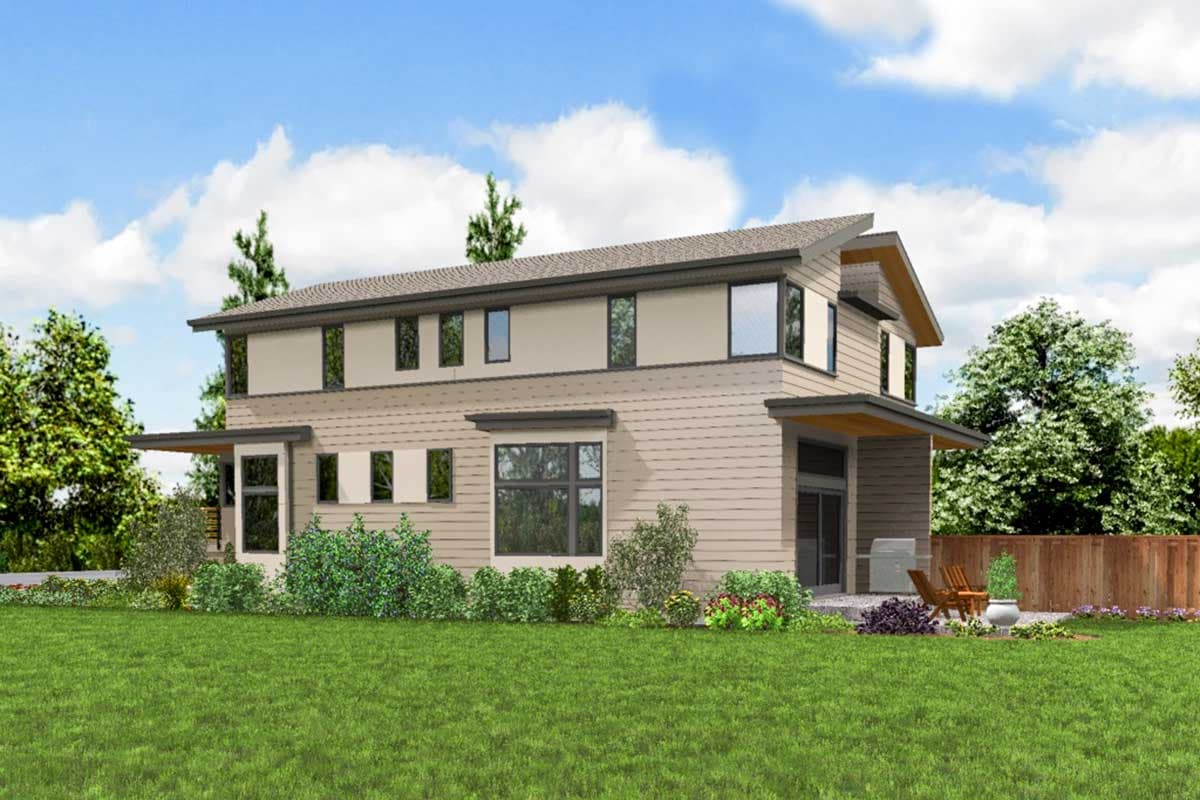 Modern house plan exterior, two stories, with horizontal siding, prominent gables, and covered patio.