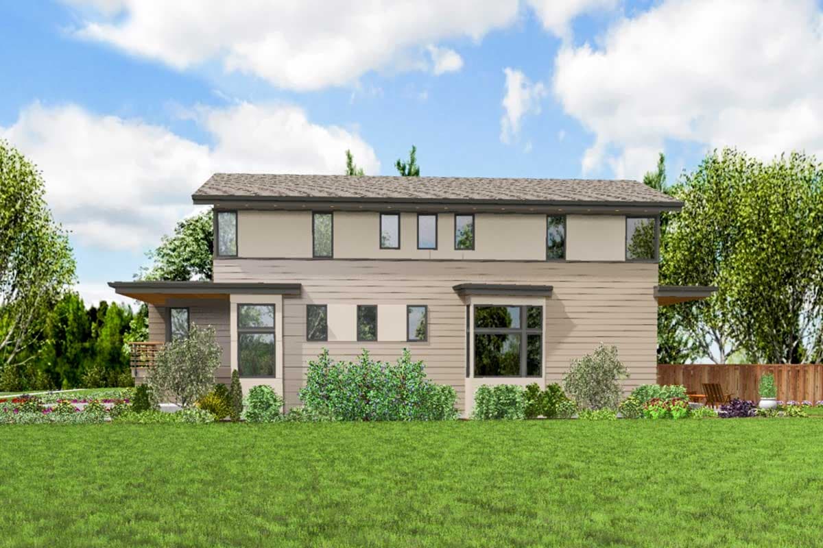 Modern two-story house plan exterior with horizontal siding, large windows, and cantilevered roof elements.