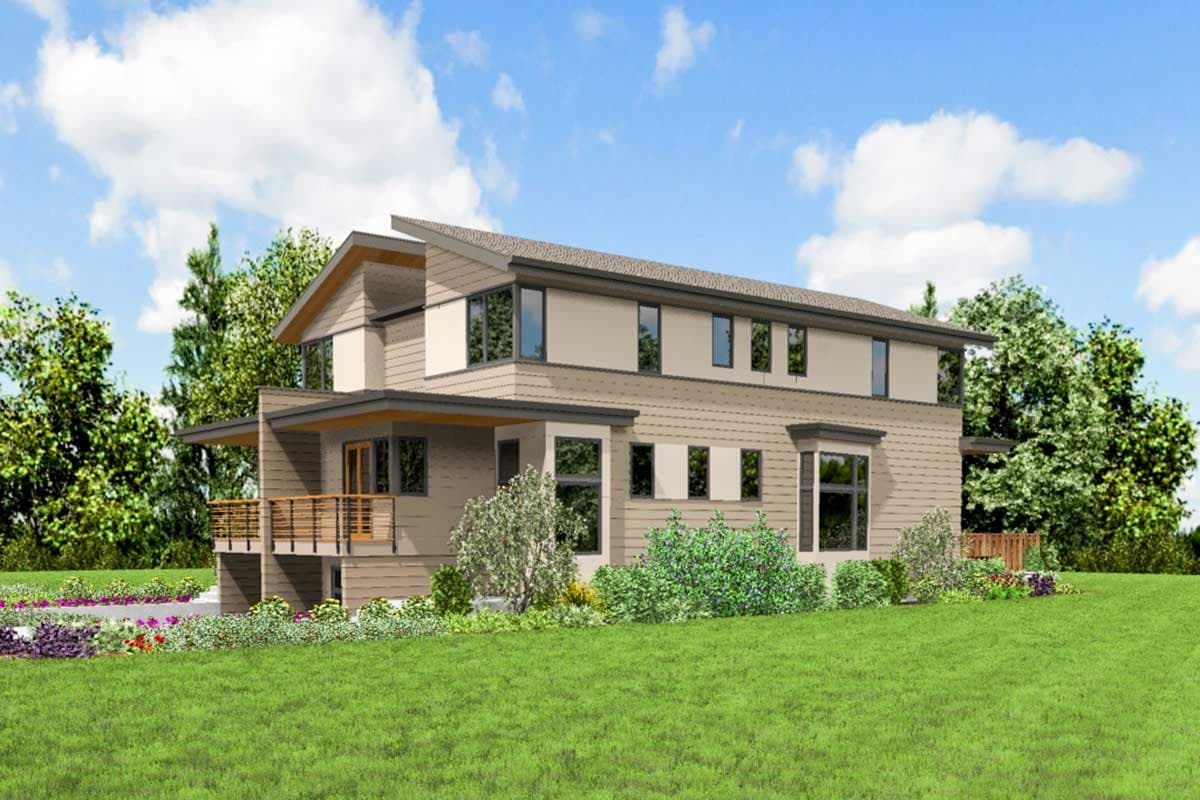 House plan exterior: Two-story modern home with a prominent asymmetrical gable, horizontal siding, and a covered balcony.
