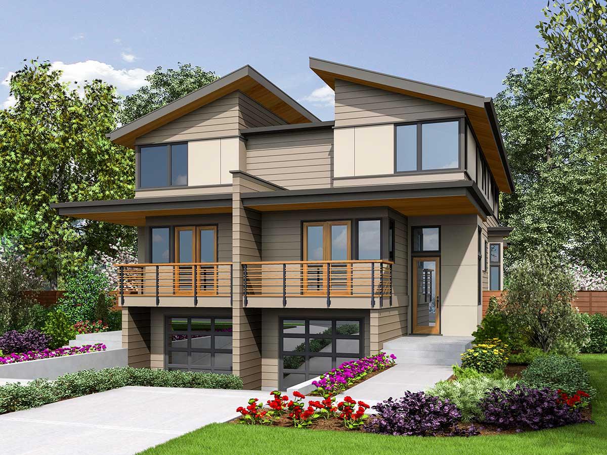 House plan exterior with modern design. Two-story home with a flat roof, balcony, and attached garage. Featuring mixed siding and large windows.