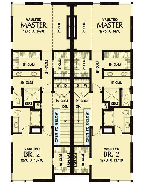 Plan 69682AM: Modern Exterior Duplex with Matching 2-Bed Units - Floor Plan - 2nd Floor - Modern, Northwest