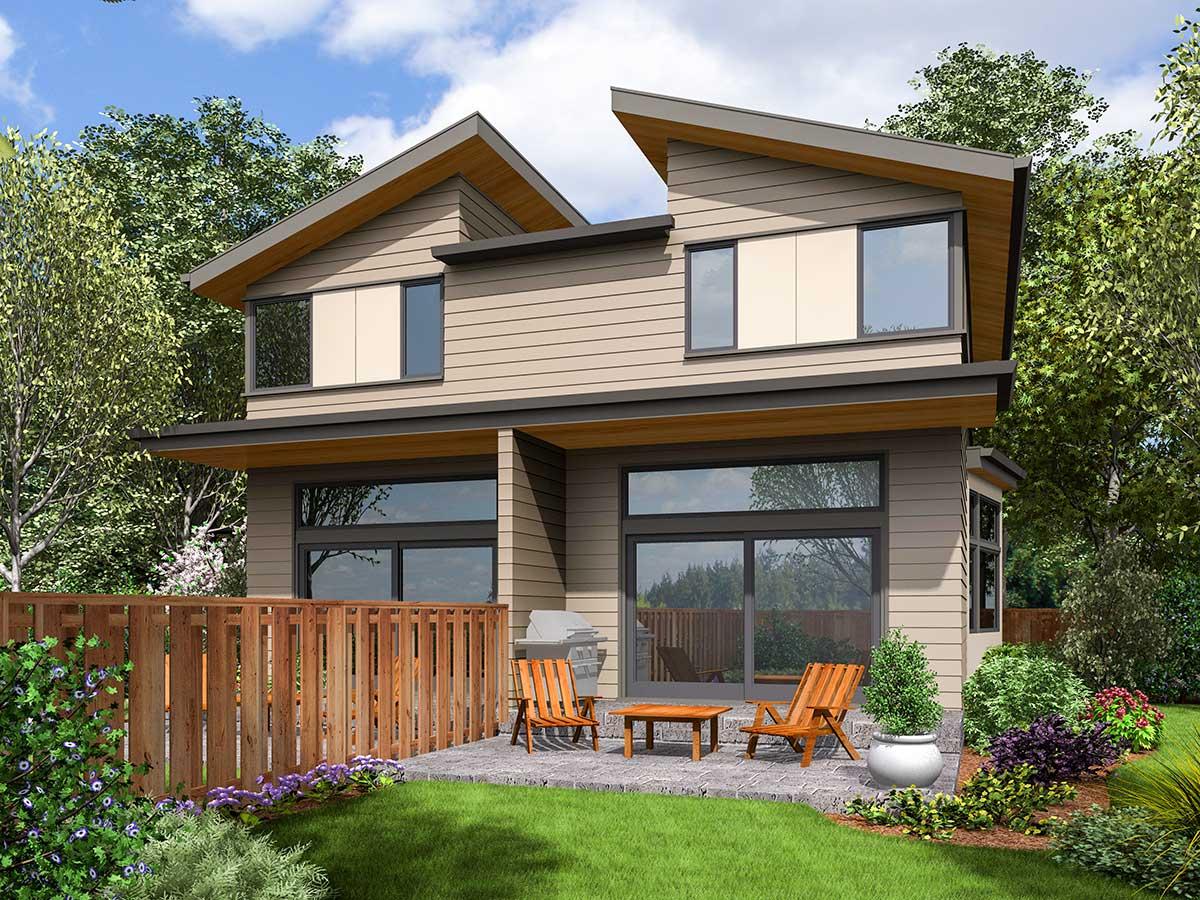 Modern house plan exterior with asymmetrical rooflines, horizontal siding, and large windows.