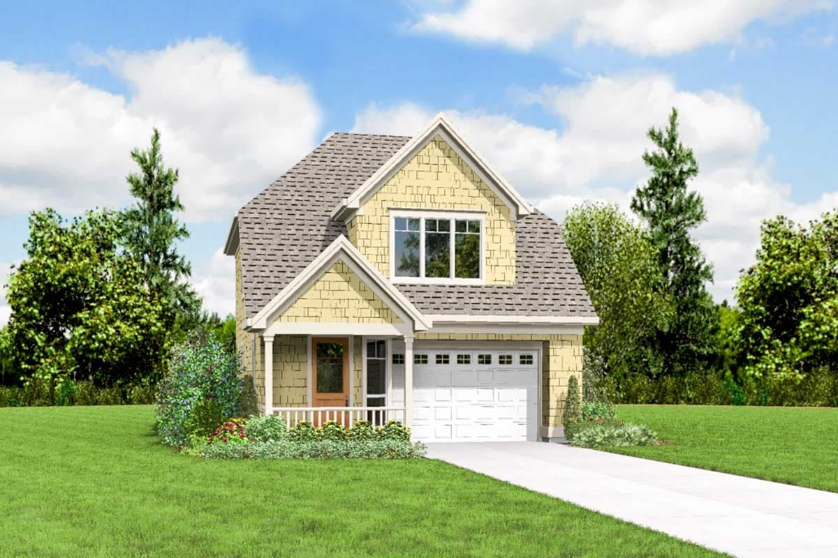 House plan exterior of a two-story home with a gabled front porch, shingle siding, and a side-facing garage.