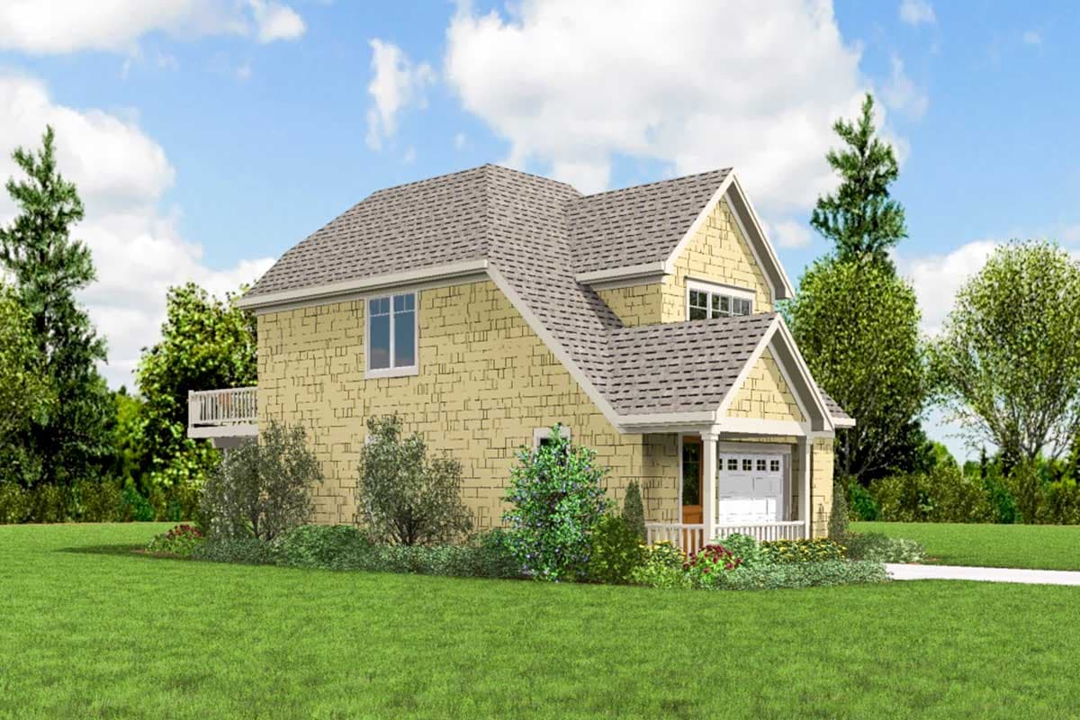House plan exterior: Two-story, Modern Farmhouse style with hip roof, front gables, porch, and attached garage.