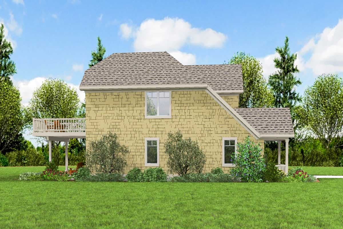 House plan exterior: two-story, wood shingle siding, upper deck, and covered front porch.
