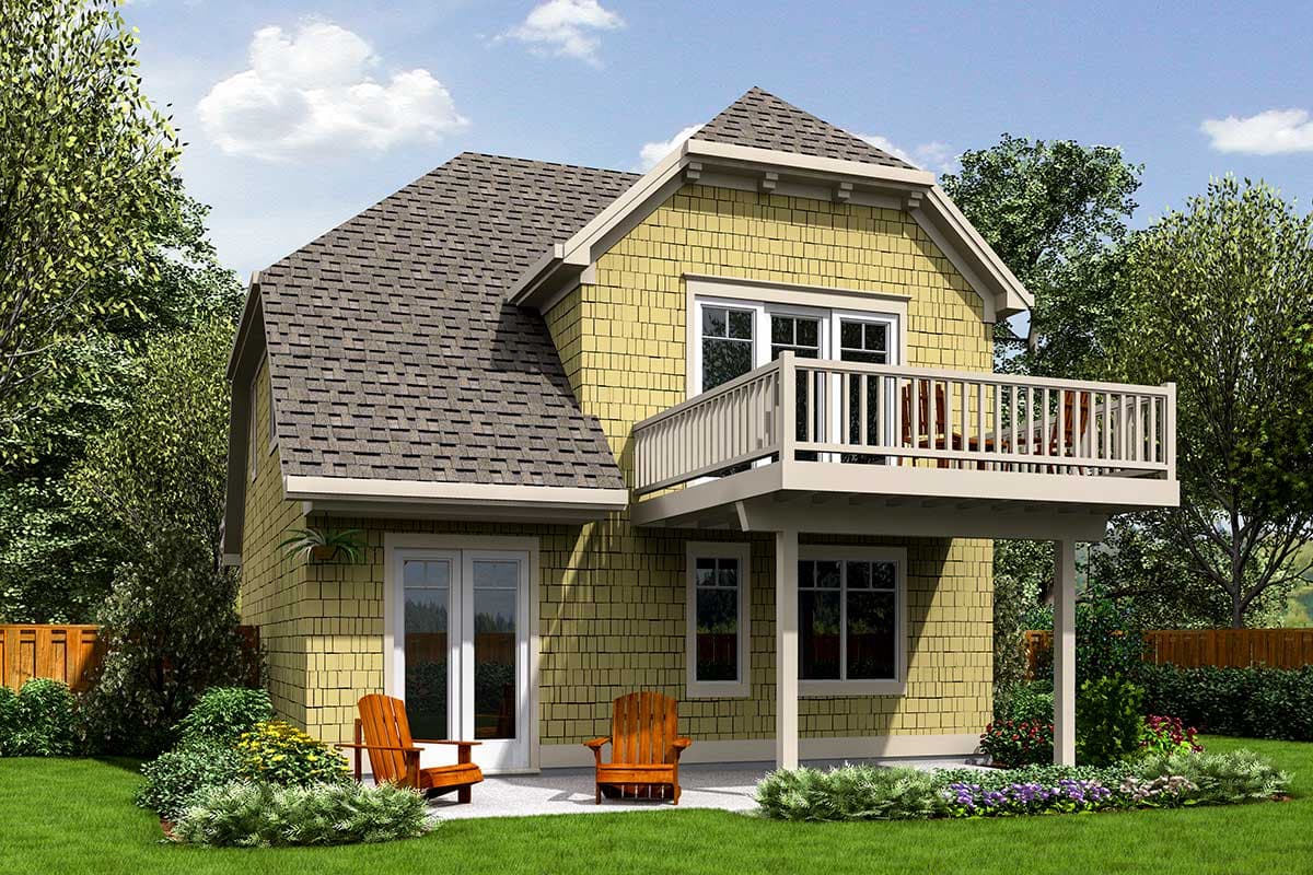 House plan exterior showing a two-story structure with shingle siding, a second-story deck, and a gable roof.