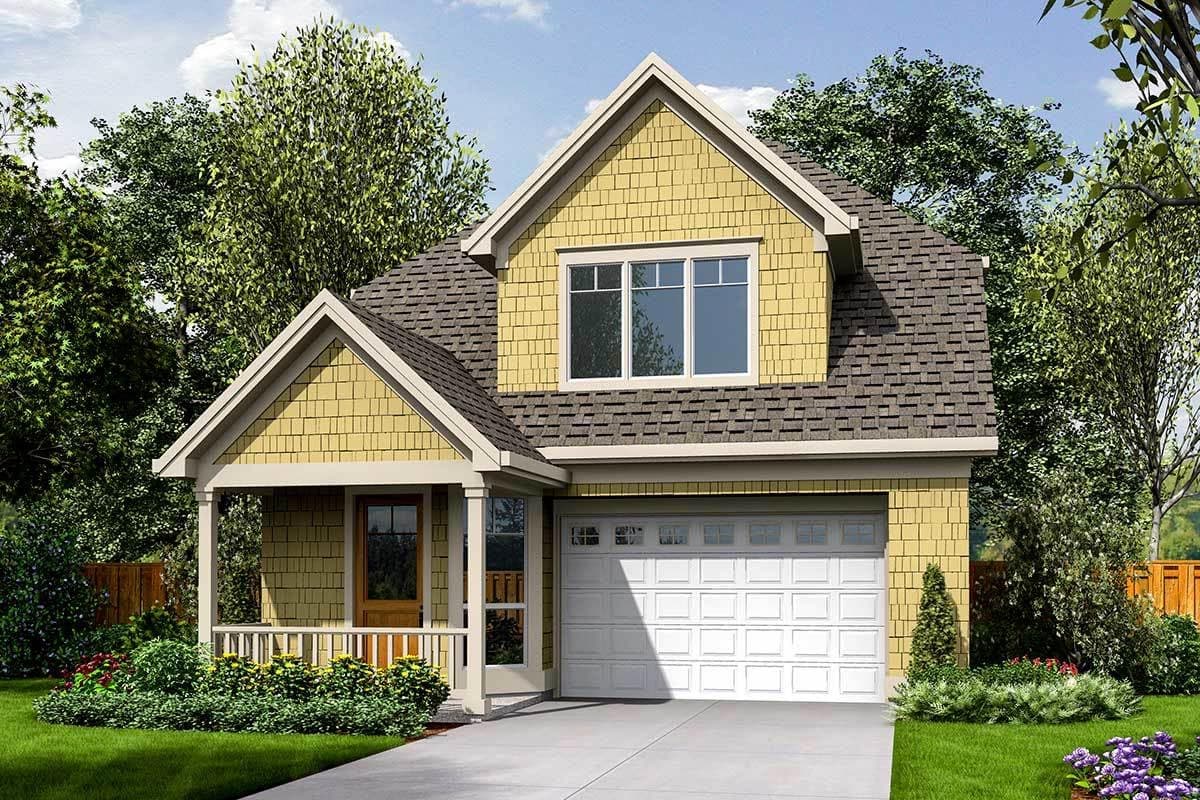 House plan exterior featuring a Craftsman-style design with a gabled roof, a front porch, and an attached garage.
