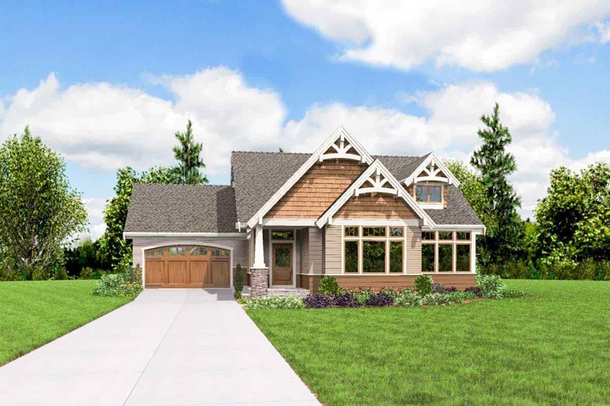 House plan exterior, one story, Modern Farmhouse style, with gabled dormer, side-entry garage, and decorative gable trim.