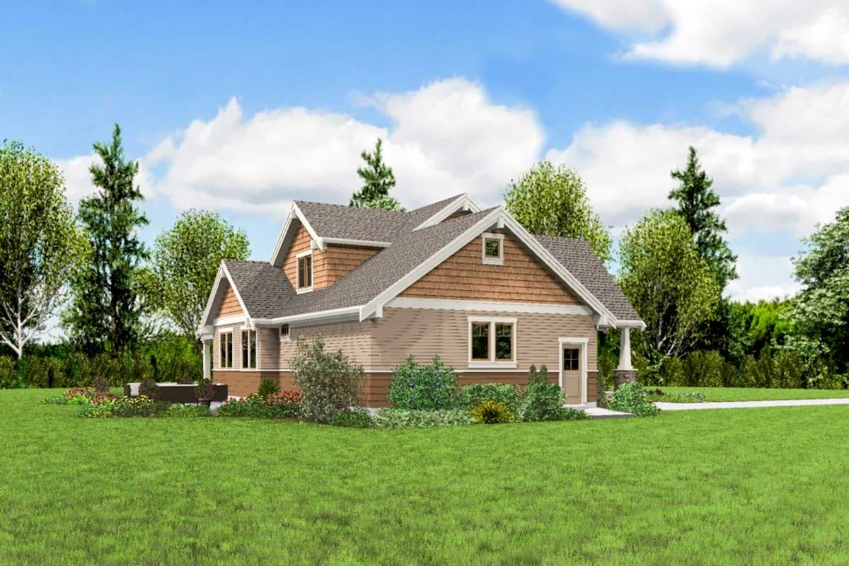 Craftsman style house plan exterior with multiple gables, dormers, and shingle siding.