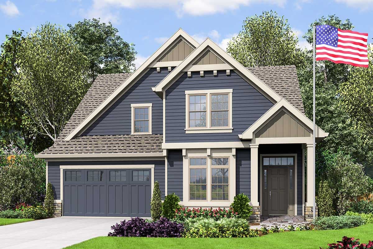House plan exterior. Craftsman style, two stories. Features include gabled roof, dormers, and attached garage. An American flag flies in the yard.