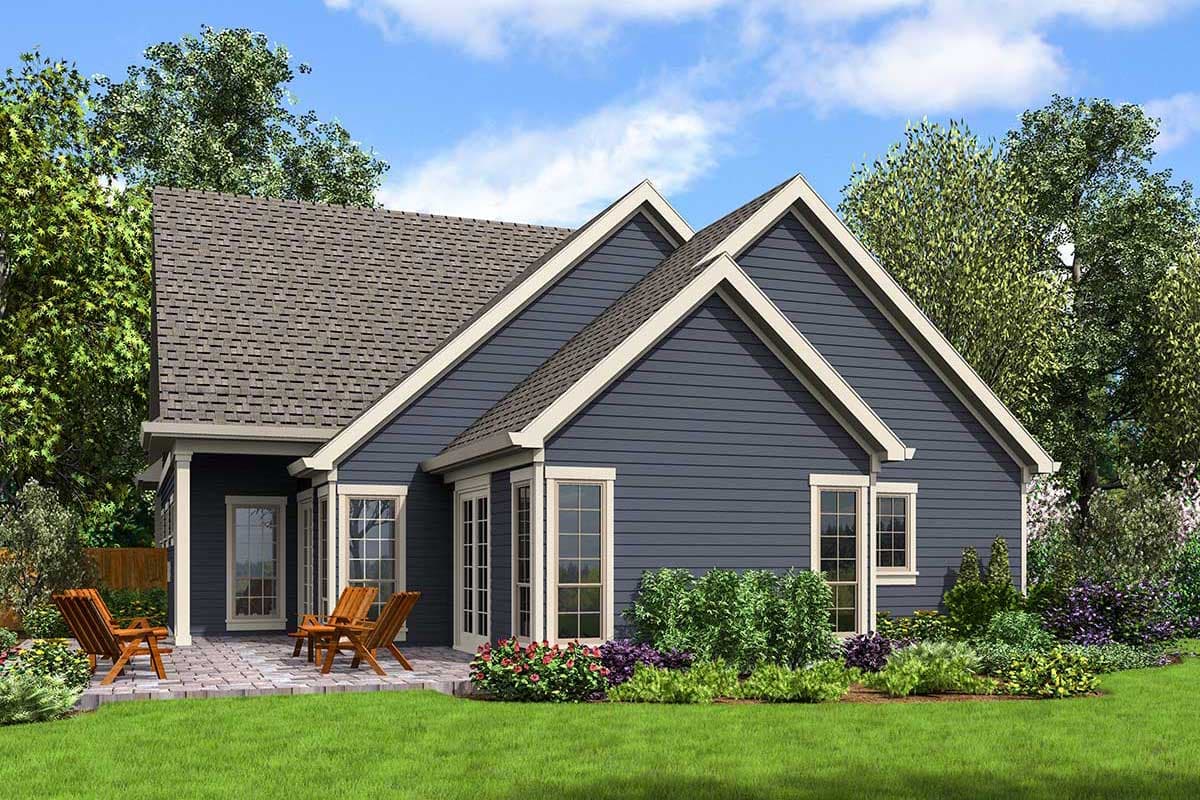 House plan exterior, one story, with gables, hip roof, siding, and bay window.
