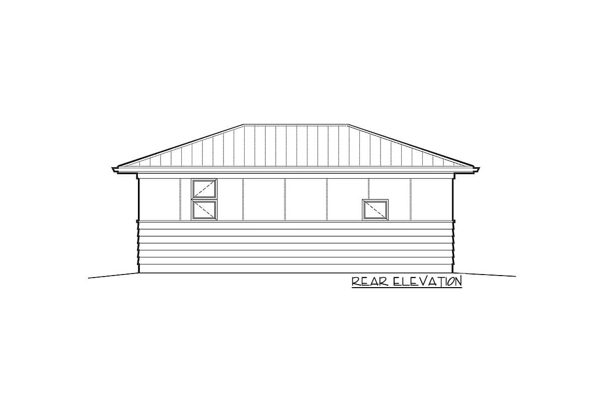 Rear elevation drawing of a house plan showing horizontal siding and a metal gable roof with two windows.