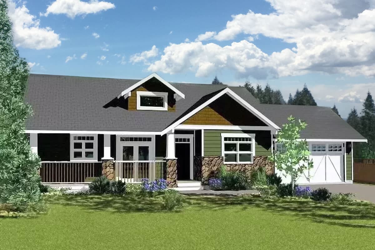 House plan exterior. Craftsman style with stone-clad porch columns, gabled roof, and attached garage. Includes a dormer window above the entryway.