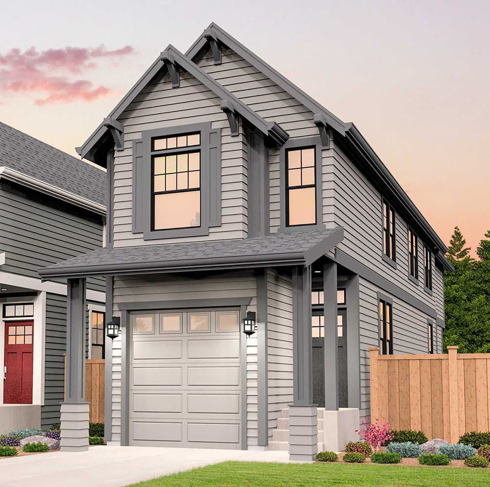 Modern Farmhouse house plan exterior with two stories, prominent gables, a covered porch, and a front-facing garage.