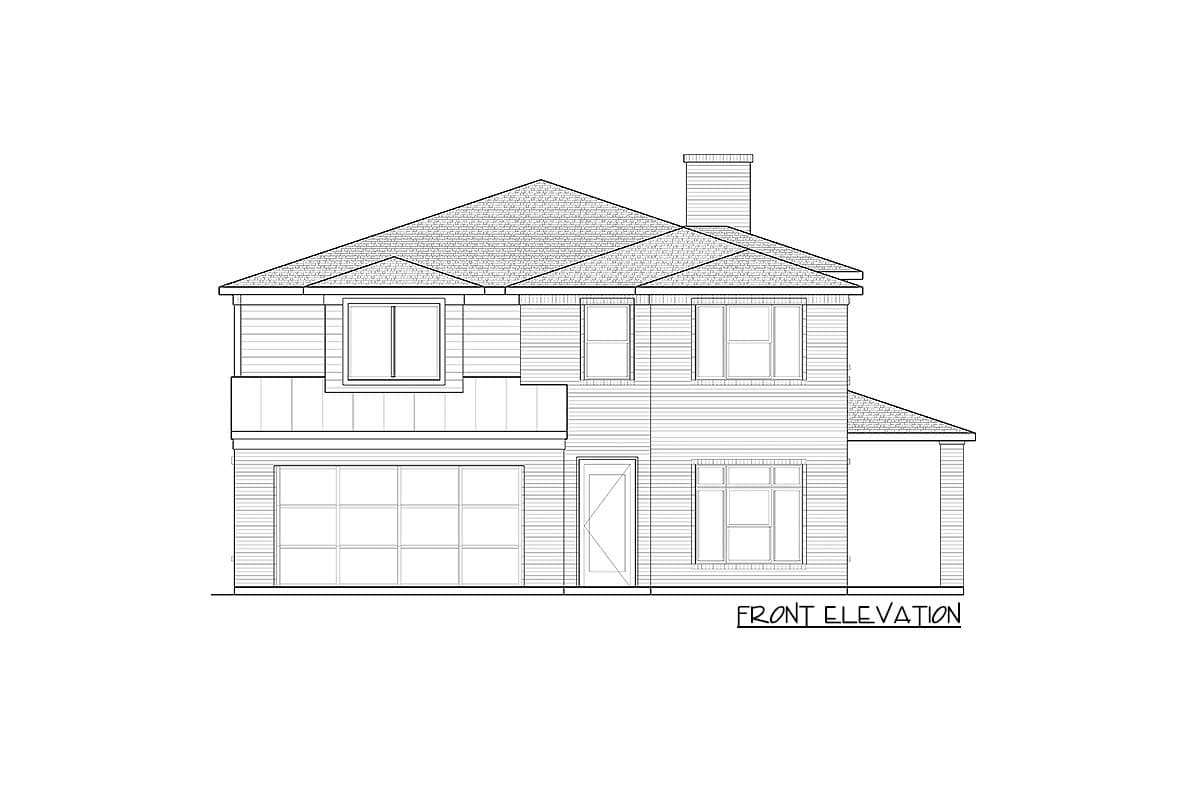 Front elevation drawing of a two-story house with a gable roof, attached garage, and front porch.