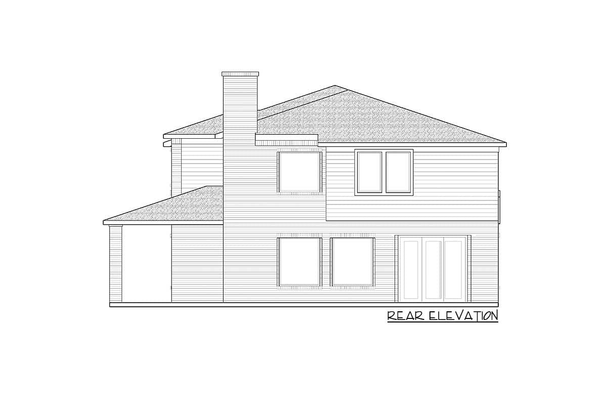 Rear elevation drawing of a two-story house with a prominent chimney, multiple windows, and double doors.