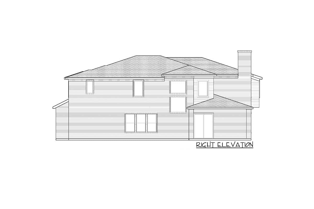 Right elevation drawing of a two-story house with multiple windows, a prominent chimney, and a sloped roof.