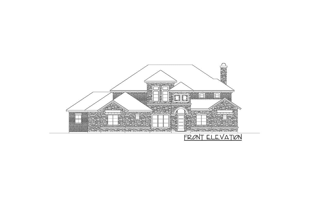 Front elevation drawing of a two-story house with stone facade, arched entry, multiple gables, and tall chimney.