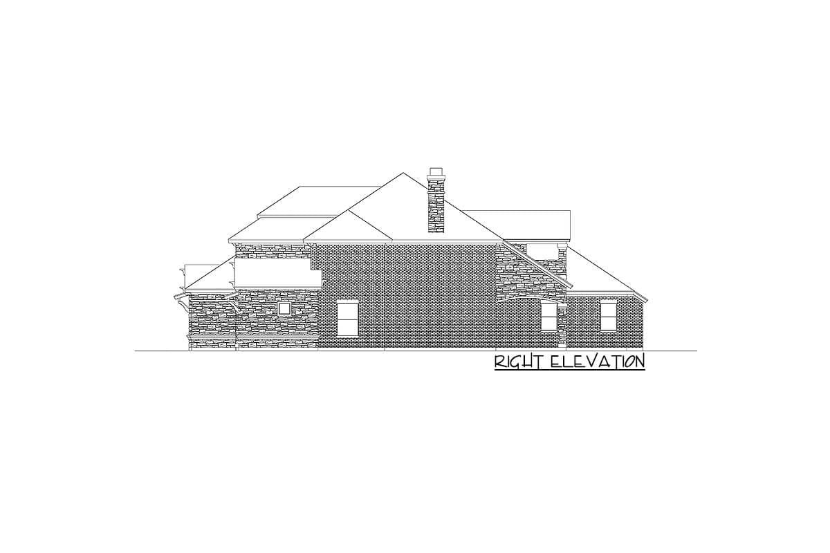 Right elevation drawing of a house plan featuring brick and stone facade, multiple rooflines, and a chimney.