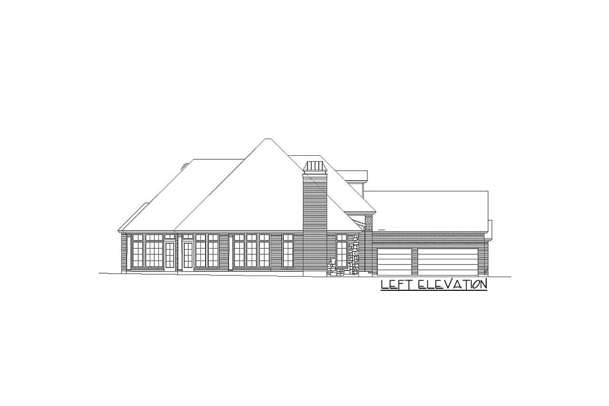 Left elevation drawing of a one-story house with multiple gables, large windows, a prominent chimney, and a three-car garage.