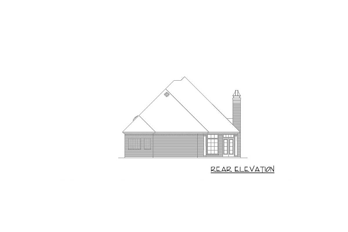 Rear elevation drawing of a house with a large gable roof, a double door entry, and a brick chimney.