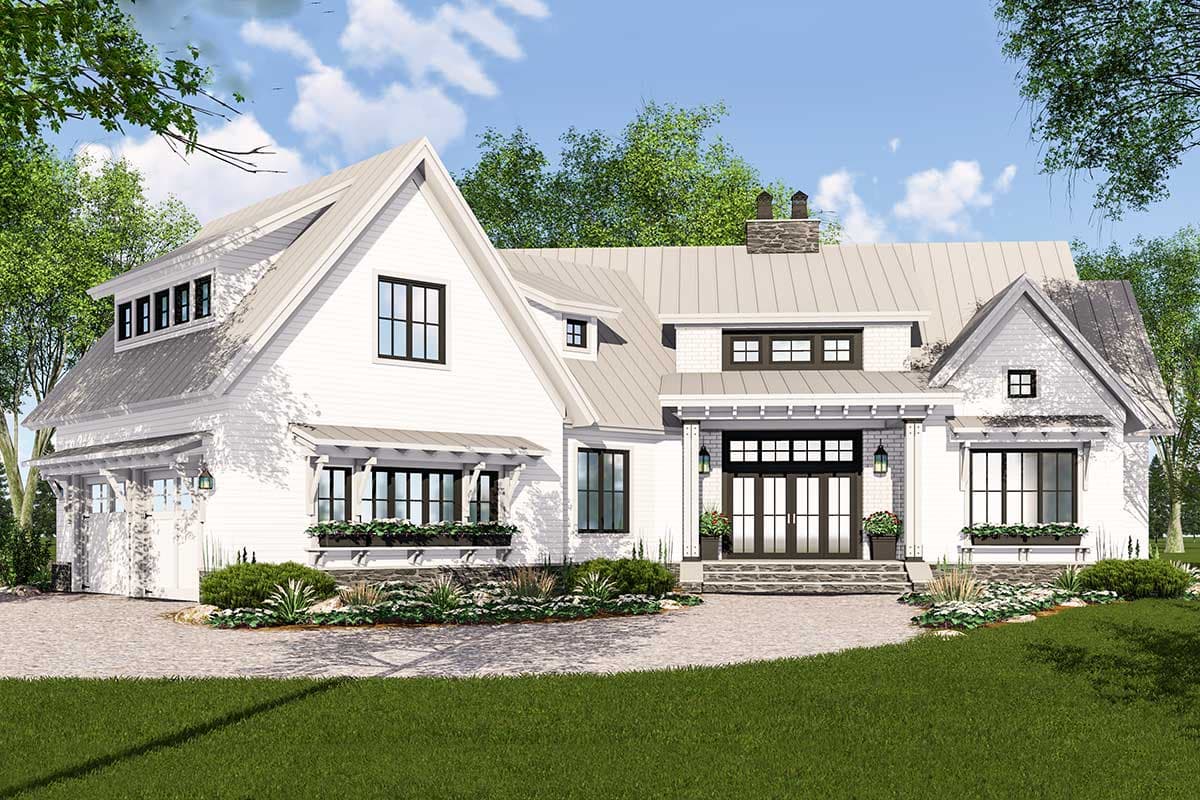 Modern Farmhouse house plan exterior with a two-car garage, metal roof, dormers, and gabled entry.