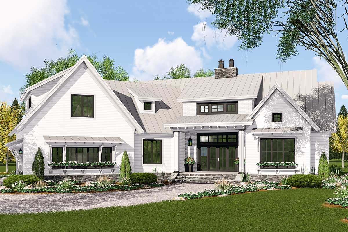 Modern Farmhouse house plan exterior with metal roof, gables, dormers, and a covered front porch.