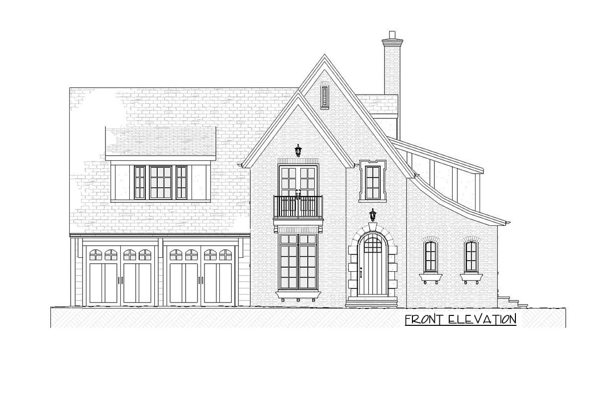 Front elevation drawing of a two-story house plan with a four-car garage, gabled dormer, arched entry, and balcony.