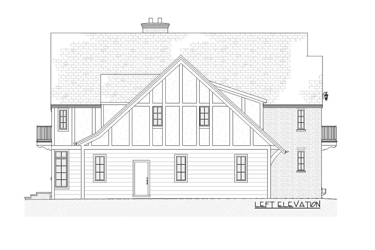 Left elevation drawing of a house plan showing a prominent gable with half-timbering, brick chimney, and dormer windows.