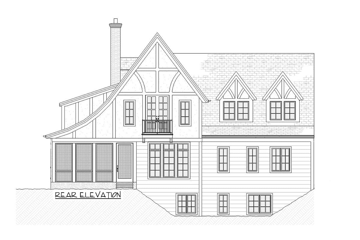 Plan 970067VC: Elegant Tudor House Plan with Upstairs Loft and Bedroom Balconies - Image #4 - European, Southern, Tudor