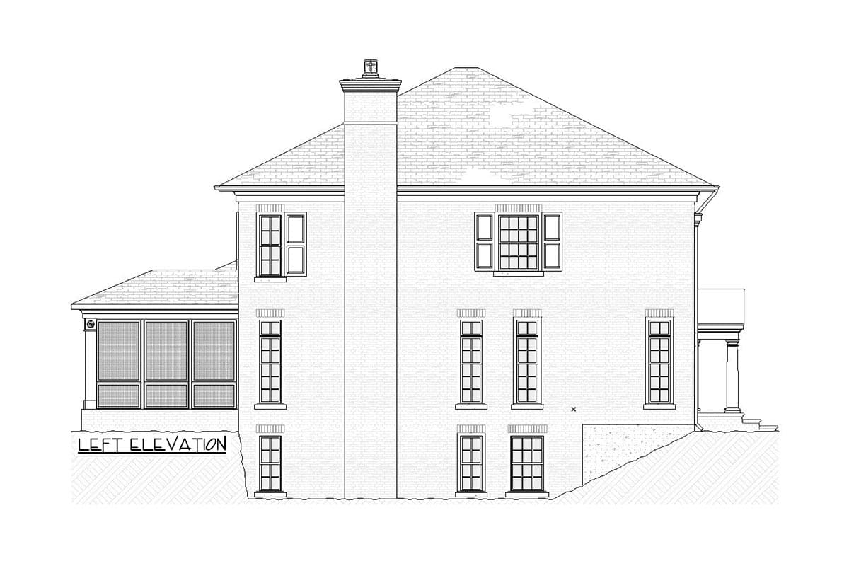 Left elevation house plan showing brick facade, screened porch, multiple stories, chimney, and varying window styles.