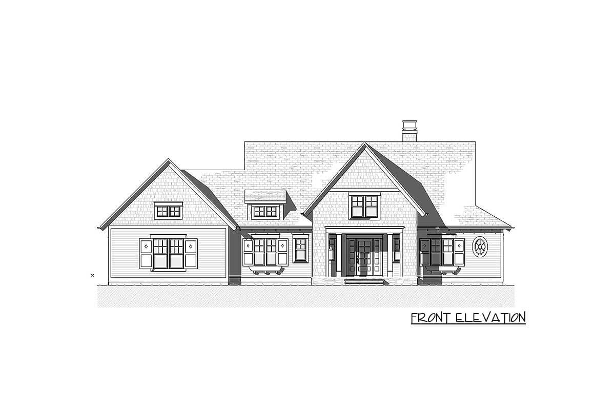 Front elevation drawing of a house plan with a prominent gabled entryway, dormer windows, and multiple gables.
