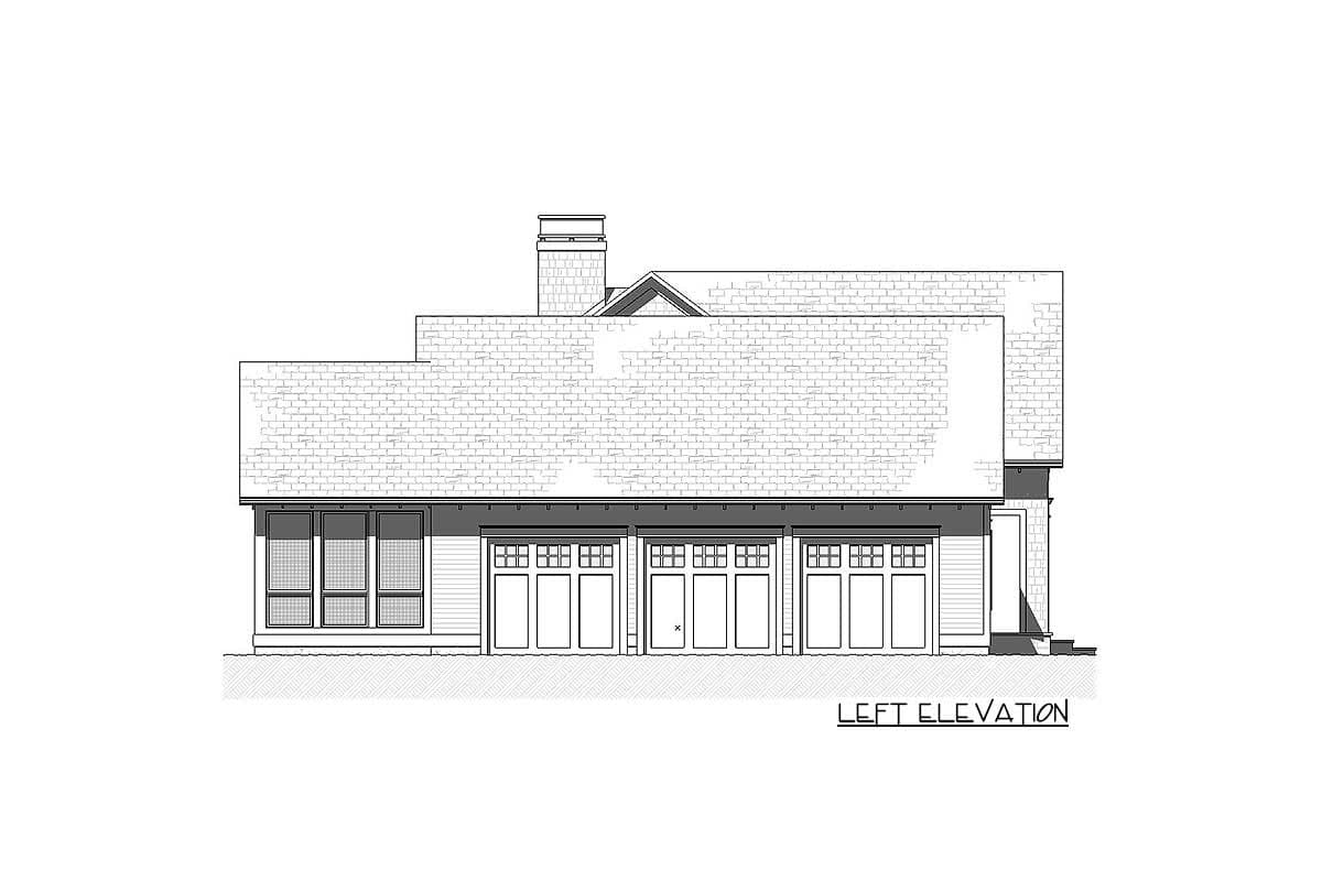 Left elevation house plan showing a three-car garage, large window bank, and pitched roof with a chimney.